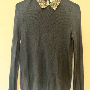 Black Sweater with Faux Leopard Print Collar